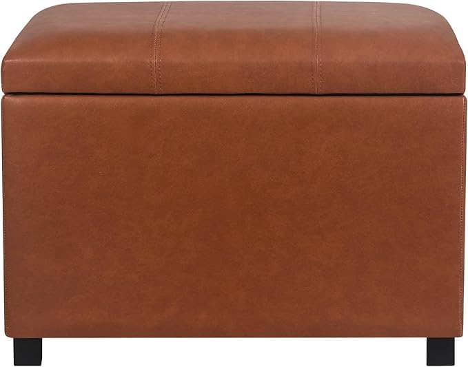 Asense 24'' Small Square Ottoman with Lift Off Lid, Storage Cube Leather Ottoman for Foot Rest, Footstool for Dorm, Living Room, Bedroom, Cognac Brown