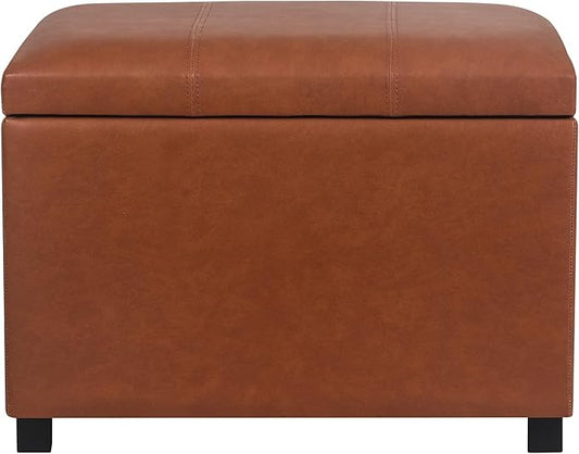 Asense 24'' Small Square Ottoman with Lift Off Lid, Storage Cube Leather Ottoman for Foot Rest, Footstool for Dorm, Living Room, Bedroom, Cognac Brown