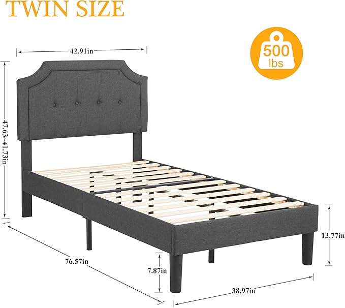 VECELO Twin Size Platform Bed Frame with Fabric Upholstered Headboard and Wooden Slats Support, No Box Spring Needed/Easy Assembly,Grey