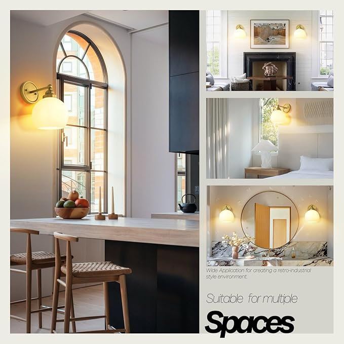 Vintage Brass Wall Sconce Light, Industrial Bathroom Vanity Wall Lighting Globe Glass Shade, Indoor Wall Mounted Lamp Fixture for Bedroom Living Room Hallway