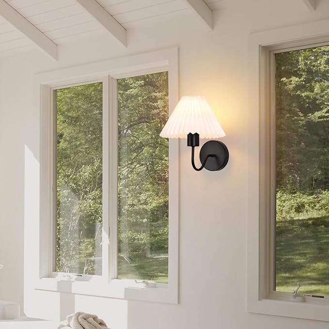 Black Wall Sconces Sets of 2, White Pleated Fabric lampshade, Indoor Gooseneck Wall Lamp Lighting, Bathroom Dresser Hardwired sconces wall decor Fixture for Living Room Bedroom Dining Room Hallway