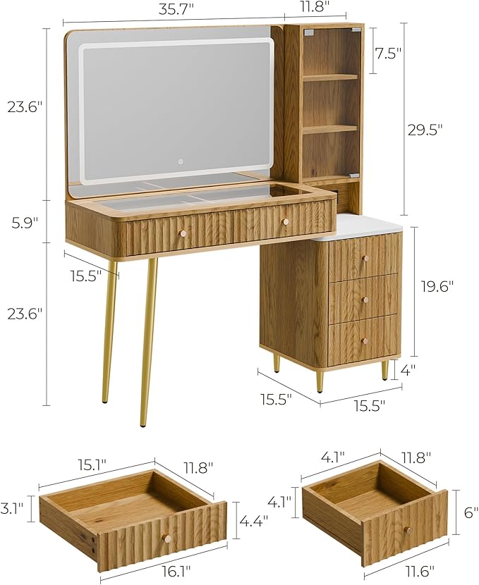 Fluted Vanity Desk with 36" Mirror and Lights, Makeup Vanity Desk with Glass Top, Dressing Table with 5 Drawers & Shelves, Wood Vanity Table for Bedroom(Natural Oak)