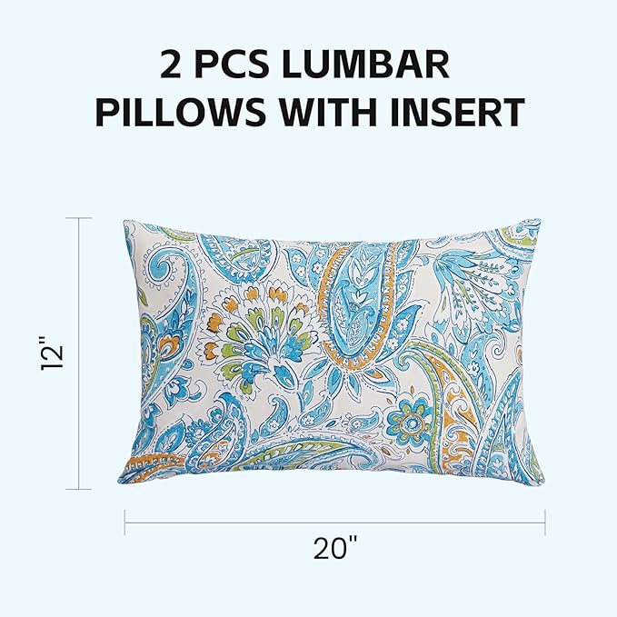 Outdoor Lumbar Pillows Waterproof 12×20 Inch with Insert, Decorative Toss Pillows Set of 2, Rain-Proof, Fade Resistant for Patio Furniture, Sofa, Couch, Garden