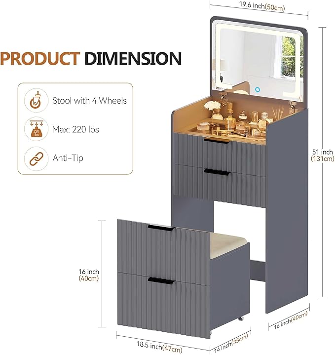 LED Compact Makeup Vanity with Flip Top Mirror, 3 in 1 Small Vanity Set with Glass Desktop, Mini Dressing Table with Storage Compartment and Cushioned Stool,3 Drawers, Bedroom Gray