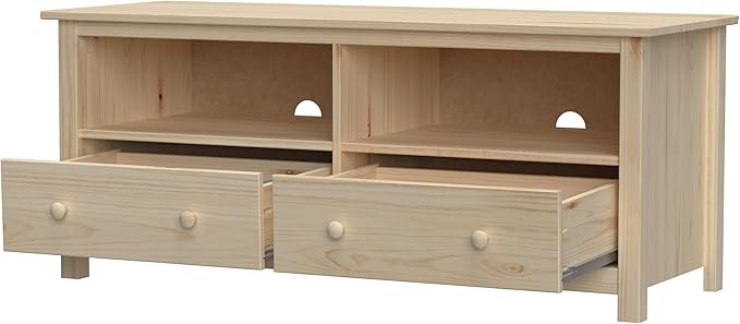 Handcrafted Solid Oak TV Stand Entertainment Center - Elegant Unfinished Media Console with Spacious Storage Drawers & Open Shelves - Sturdy Wood Cabinet Fits TVs up to 55 Inches