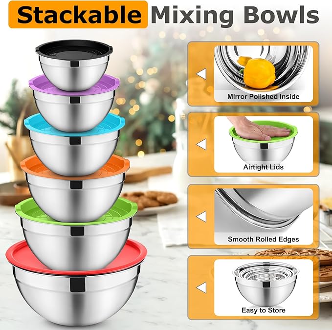 P&P CHEF Mixing Bowls with Lids Set of 6, Stainless Steel Nesting Salad Bowl & 3 Grater Attachments for Prepping Storing, 4.6/2.6/2/1.5/1/0.7 QT, Multicolor