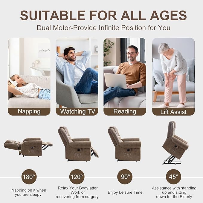 CDCASA Dual Motor Lay Flat Lift Chairs Recliners for Elderly w/Massage and Heat, Breathable Leather Infinite Position Large Sleeping Electric Power Lift Chair Recliner for Seniors, Matte Brown