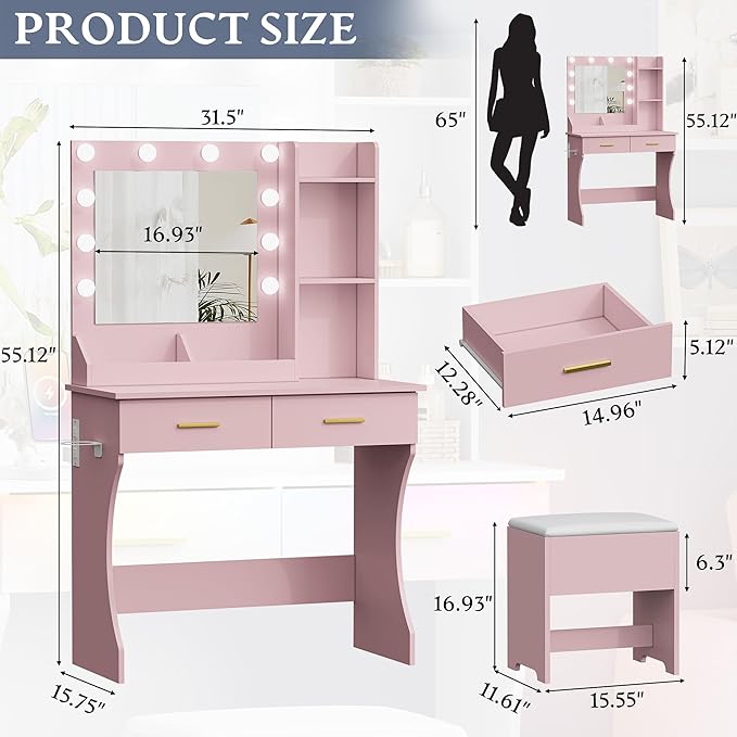 Makeup Vanity Desk with Mirror and Lights, Small Makeup Vanity Table Set with Drawers, Power Outlet & Storage Stool, White Vanity with 3 Lighting Modes LED for Women Girls Bedroom