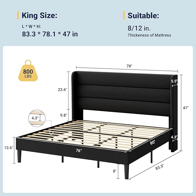 Allewie King Size Platform Bed Frame with Velvet Upholstered Wingback Headboard, No Box Spring Needed, Under Bed Storage Space, Strong Wooden Slats, Modern Mattress Foundation, Easy Assembly, Black