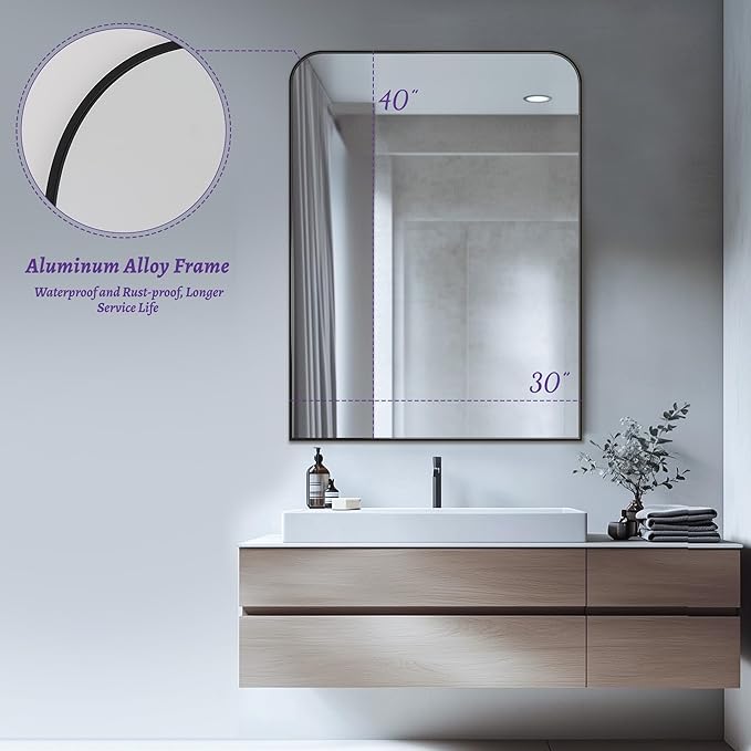 Bathroom Mirror, Wall Mirrors, Black Metal Framed Wall-Mounted Mirrors, Bathroom Vanity Mirror for Over Sink, Living Room, Bedroom, Entryway, 30x40 Inch, Black