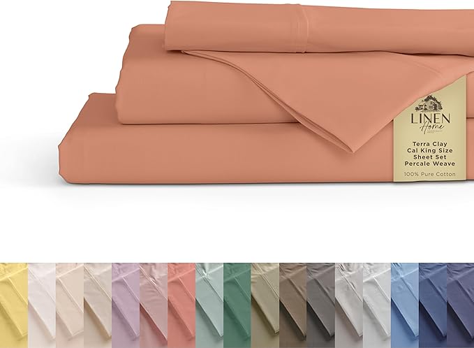 Linen Home 100% Cotton Percale Sheets California King Size, Tera Clay, Deep Pocket, 4 Pieces Set - 1 Flat, 1 Deep Pocket Fitted Sheet and 2 Pillowcases, Crisp Cool and Strong Bed Linen