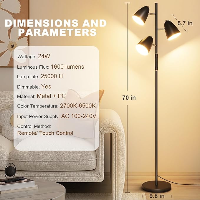 QiMH LED Floor Lamp for Living Room, Modern Dimmable Standing Lamp with 4 Color Temperature,Remote and Touch Control, Tree Floor Lamp for Bedroom with 3 Rotatable Lights Bright Stand up Lamp, Black