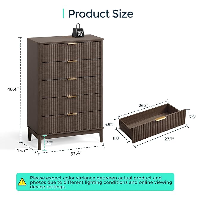 LINSY HOME Fluted Dresser for Bedroom with 5 Drawers, 46" Tall Chest of Drawers, Mid Century Modern Dresser with Metal Handle, Wood Closet Storage Cabinet for Living Room, Hallway, Walnut