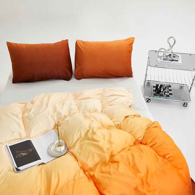 Luxlovery Sunset Color Velvet Comforter Full Women Girls Orange Gradient Flannel Bedding Set Brown Yellow Modern Blanket Quilts Winter Warm Sherpa Micromink Bed Set for Adults Teens