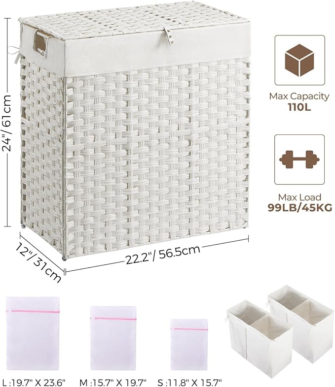 Greenstell Laundry Hamper with lid, No Install Needed, 110L Wicker Laundry Baskets Foldable 2 Removable Liner Bags, 2 Section Clothes Hamper Handwoven Rattan Laundry Basket with Handles, White