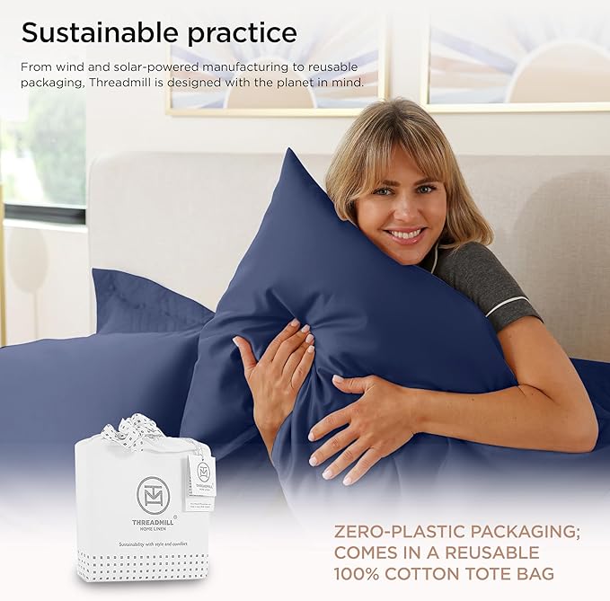 Threadmill California King Sheets, Certified American Supima Cotton Sheets, 1000 Thread Count Hotel Quality Sheets, 4 Piece Luxury Bed Sheets Set with Elasticized Extra Deep Pocket, Folkstone Blue