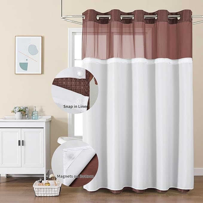 Colorful Star No Hook Shower Curtain with Snap in Fabric Liner, Waffle Weave Heavy Duty Thick Shower Curtains with Mesh Top Window, Hotel Style Waterproof Bathroom Curtain Set, 72 x 75 Inch, Brown