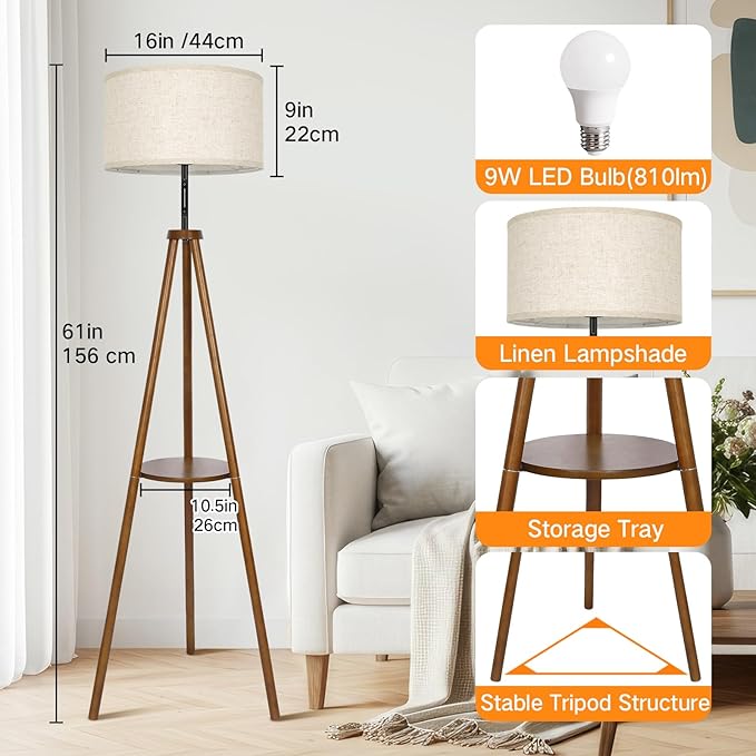 OUTON Wood Tripod Floor Lamp with Shelves, Mid Century LED Modern Dimmable Floor Lamp with Remote & Touch Control, Sturdy Tall Standing Lamp for Living Room, Bedroom, Office, Walnut
