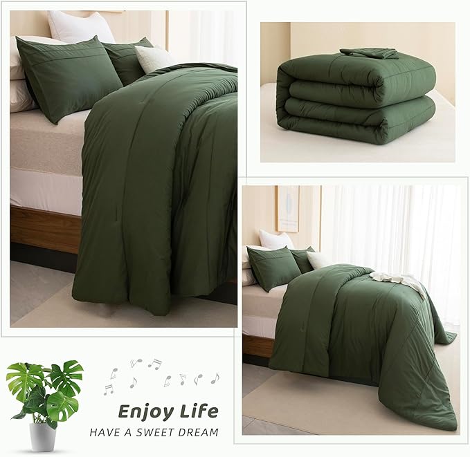 Sanracie Olive Green Oversized King Plus Comforter 128 * 120, Cotton Dark Green Pinch Pleat Bedding Comforers Set,3pc Aesthetic Comforter Super King Soft Lightweight Bed Set All Season