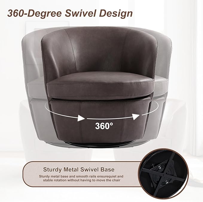 Swivel Barrel Chair, Modern Round PU Leather Accent Armchair for Living Room, Bedroom, Comfy Club Reading Chairs for Adults (Leather Chocolate, Set of 2)