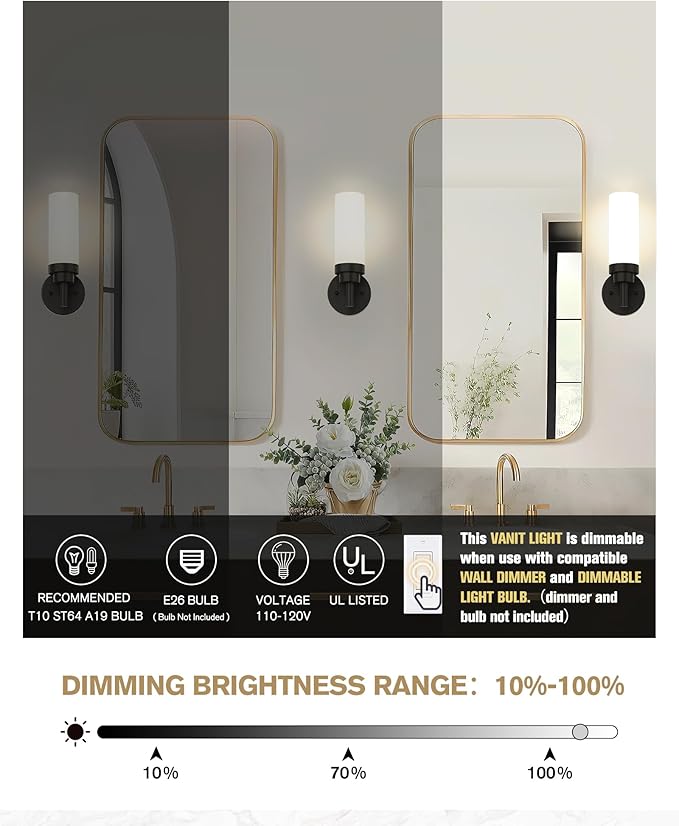 Emak 13 Inch Black Bathroom Light Fixtures, Modern Wall Sconce with Milk Glass Shade, Farmhouse Wall Lamp for Bathroom, Mirror, Hallway, Bedroom, WS085-BK-ML