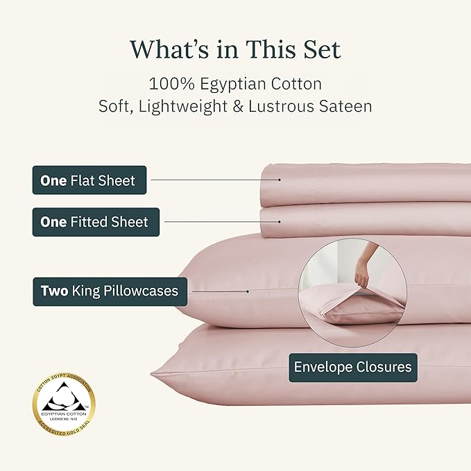 California Design Den King Size Bed Sheets Set - Certified 100% Egyptian Cotton Sateen, Deep Pocket King Size Sheets Set Egyptian Cotton with Anti-Skid Elastic, Durable Luxury Bedding - Sepia Rose