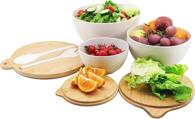Salad Bowls Set of 3 with Seal Lid & Serving Utensils, Bamboo Fiber Mixing Bowls Set Large Serving Bowls & Storage Set with Bamboo Lid for Salad, Kitchen Eating, Pasta, Popcorn, Fruit, White