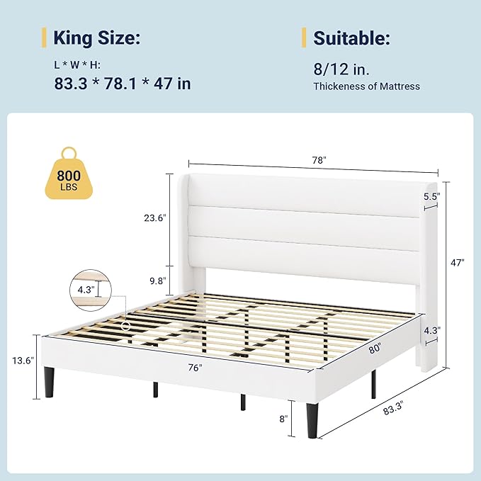 Allewie King Size Platform Bed Frame with Velvet Upholstered Wingback Headboard, No Box Spring Needed, Under Bed Storage Space, Strong Wooden Slats, Modern Mattress Foundation, Easy Assembly, White
