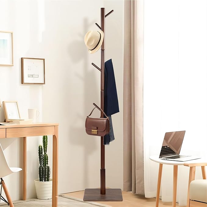 Coat Rack Freestanding with Stable Square Base, Entryway Furniture with 3 Adjustable Sizes and 8 Hooks, Used in Bedroom, Office and Hallway, Brown