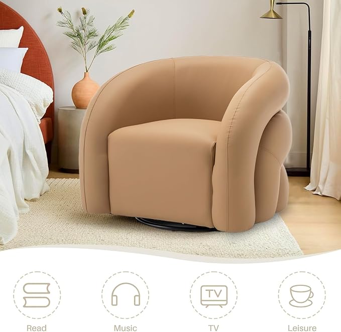 34.6" W Swivel Accent Chair, Modern Round Faux Leather Armchair for Living Room,Upholstered Comfy Sofa Chairs for Bedroom Reading Apartment Lounge,Fully Assembled(Mustard)