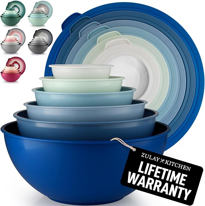 Zulay Kitchen 12 Piece Plastic Mixing Bowls with Leak-Proof Lids Set - Microwave and Freezer Safe Kitchen Mixing Bowls for Preparing, Serving and Storing - Large Nesting Bowls (Blue Ombre)