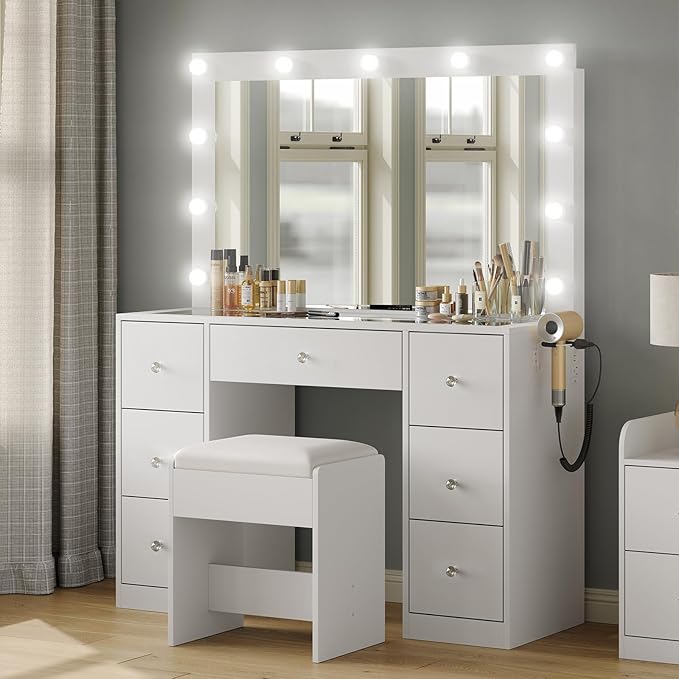 Vanity Desk with Mirror, Makeup Table with Power Outlet and 11 Lights, Set 3 Lighting Modes Brightness Adjustable, Vanity Table with 7 Drawers and Cushioned Stool for Bedroom, Dressing Room (White)