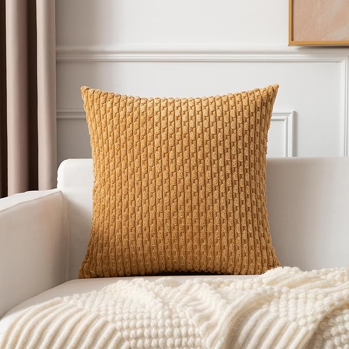 Kevin Textile Throw Pillow Covers Soft Corduroy Decorative Set of 2 Boho Striped Pillow Covers Pillowcases Farmhouse Home Decor for Couch Bed Sofa Living Room 22x22 Inch Gold