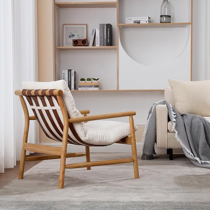 Modern Accent Chair Upholstered Armchair - Solid Wood Lounge Chair with Removable Cushion, Low Back Reading Chair for Living Room/Bedroom/Balcony, Beige Linen Sofa Chair (Easy Assembly)