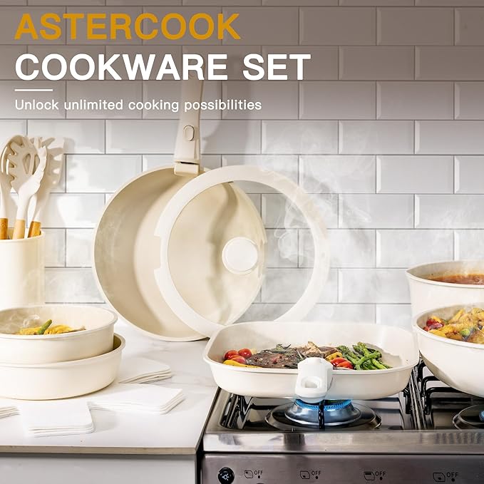 Astercook 23 Pcs Pots and Pans Set Non Stick, Ceramic Cookware Set Detachable Handle, RV Kitchen Cooking Set Removable Handles, Oven Safe, Induction Ready, Stackable Non-stick Set, Cream White