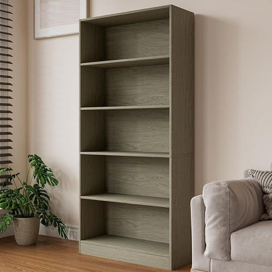 Wood Bookcase 5-Shelf Freestanding Display Wooden Bookshelf for Home Office School (Grey Oak)