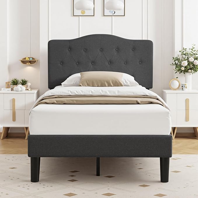 VECELO Twin Size Platform Bed Frame with Fabric Upholstered Headboard and Wooden Slats Support, No Box Spring Needed/Easy Assembly,Grey
