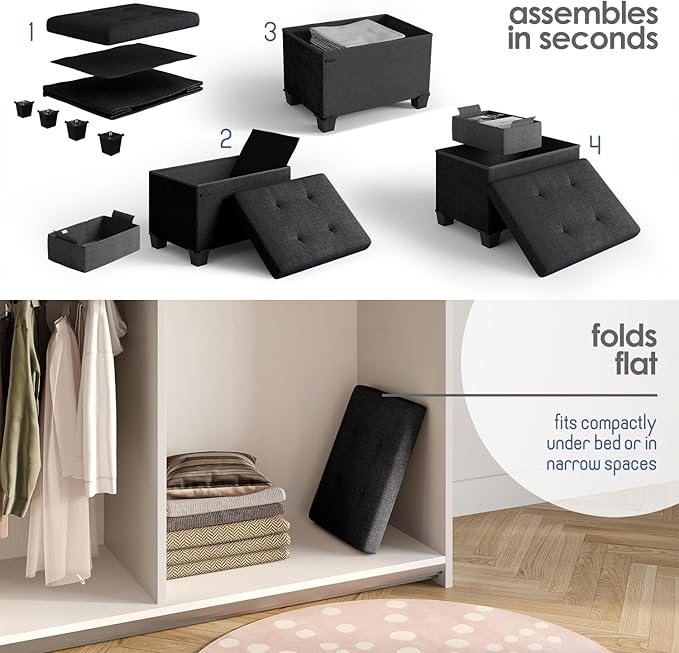 STORAGEBUD Storage Ottoman Cube with Small Bin, 16-in Square Ottoman with Storage for Living Room and Bedroom, Small Ottomans Foot Rest, Fabric Foot Stools Ottomans Max 330lbs, Black