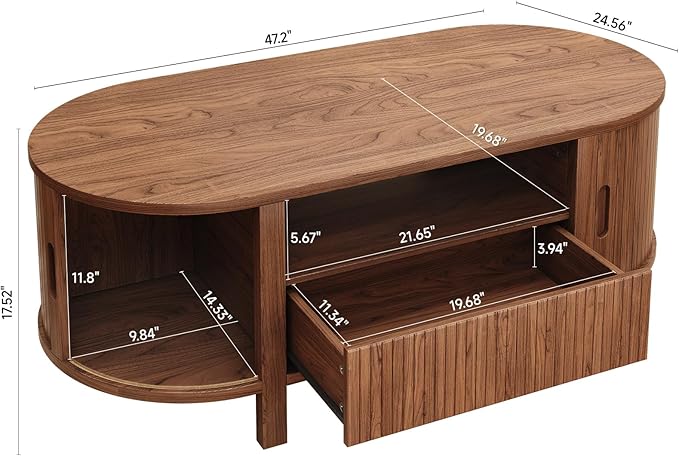 47.2 Inch Oval Coffee Table with Storage, Mid Century Modern Coffee Table with Drawer, Center Table with Sliding Door and Wood Fluted Handle for Living Room, Walnut