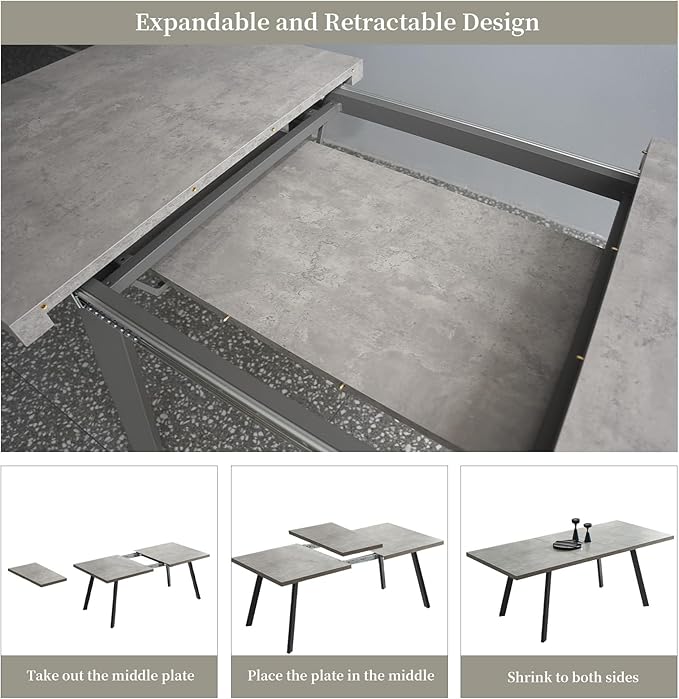 47.2"- 62.9" Extendable Dining Table Set for 6, Modern Kitchen Table with 6 PU Leather Chairs, Thickened Expandable MDF Wooden Table with Metal Legs for Dining Room, Kitchen, Office