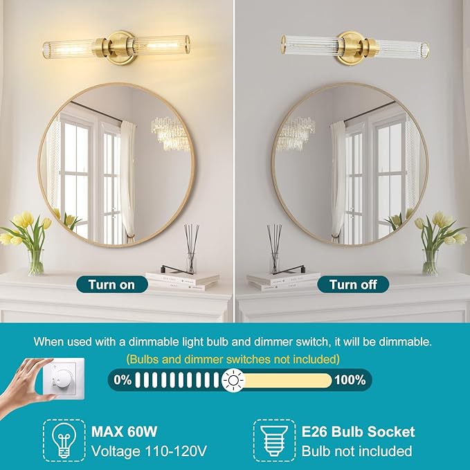 Bathroom Light Fixtures, Gold Wall Sconce in Threaded Glass Vanity Lights 2 Pack, Modern Bathroom Vanity Light Up and Down Sconces Wall Lighting for Bathroom, Living Room - Bulb Not Included