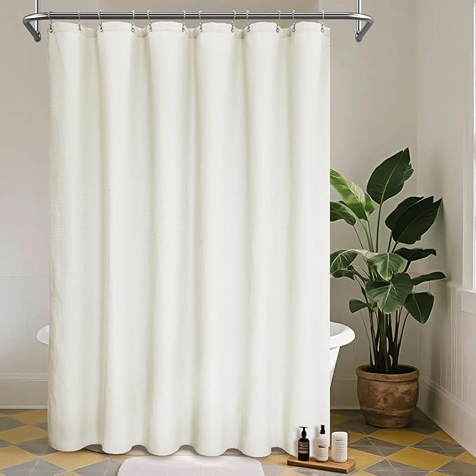 Waffle Weave Fabric Shower Curtain Heavyweight 230 GSM, Hotel Luxury, Water Repellent, Washable, Cream Diamond Pattern Pique for Decorative Bathroom Curtains