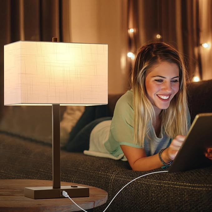 21" Touch Bedside lamps with 2 USB & AC Outlets, 3-Way Dimmable Bedside Table Lamps Set of 2 for Bedroom Living Room Office Reading, White Shade Lamps for Night Stands, 2700K LED Bulbs Included