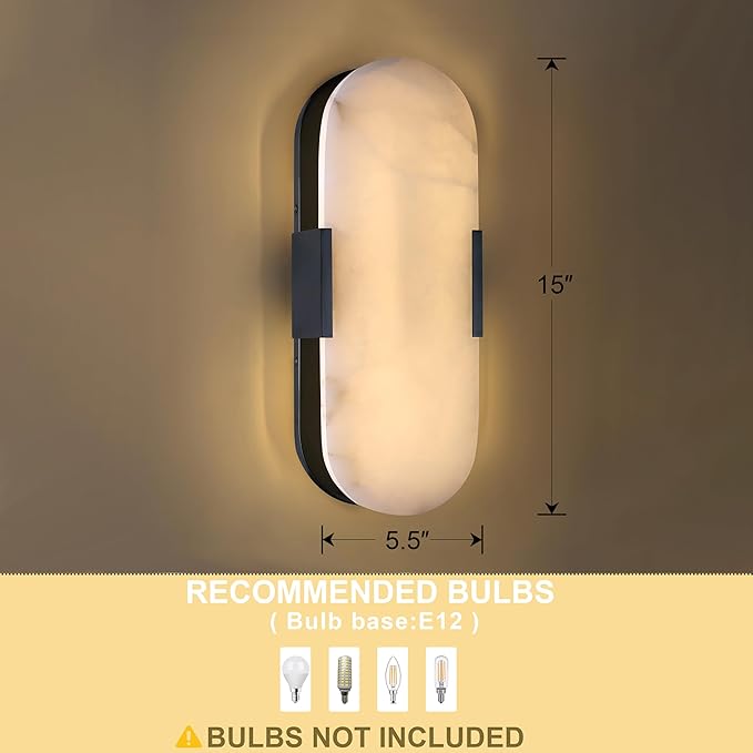 2 Pack 2 Light Natural Oval Alabaster Marble Bathroom 15 Inch Wall Sconce Modern Concise Style Wall Light Fixtures,Dark Gray Finish for Bedroom Hallway Bedside Living Room