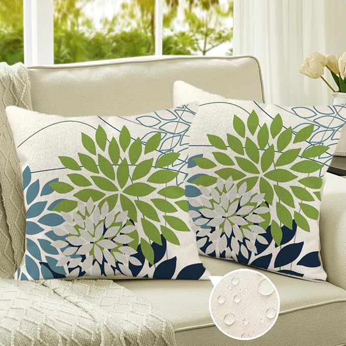 RABUSOFA Outdoor Pillow Covers 18x18 Inch Set of 2 Green Blue Flower Decorative Waterproof Spring Summer Floral Outdoor Cushion Covers for Patio Funiture Garden Couch Decor