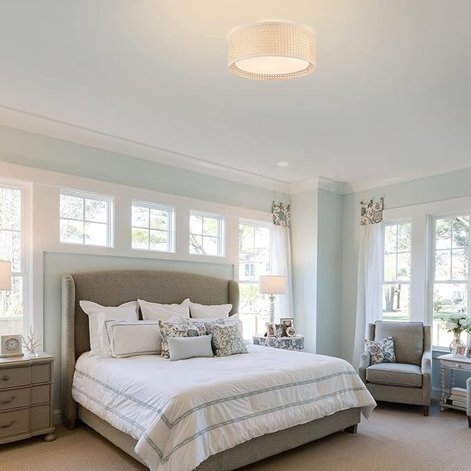 WINGBO 15.7" Modern 3-Light Flush Mount Ceiling Light Fixture with Rattan & Fabric Double Drum Shade for Bedroom Living Room Dining Room Hallway Entryway, Khaki