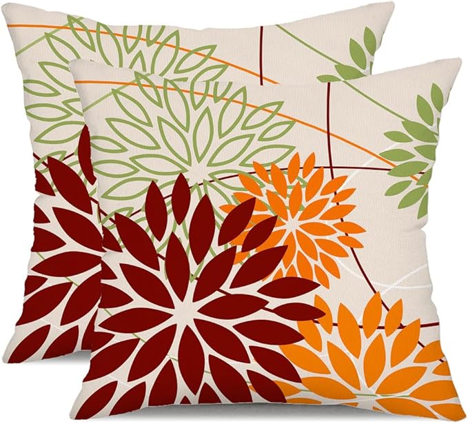 Red Orange Fall Pillow Cover 16X16 Inch Set of 2 Outdoor Waterproof Floral Orange Decorative Pillowcase Decor for Couch Patio Funiture Garden Print Polyester Cushion Cover 01N18