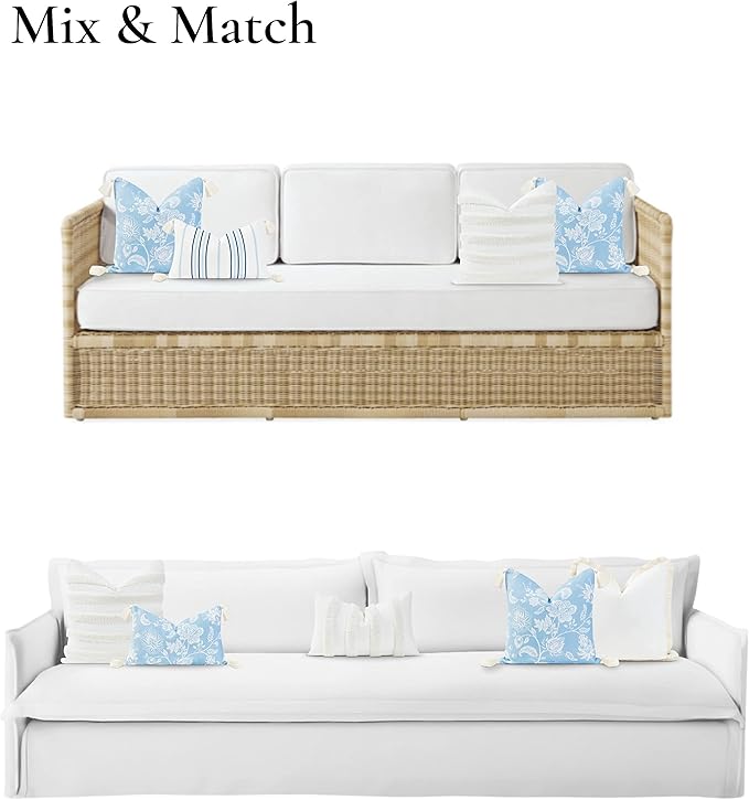 Hofdeco Premium Coastal Hampton Style Patio Indoor Outdoor Throw Pillow Cover Only, 18"x18" Water Resistant for Backyard, Couch, Baby Blue Floral Tassel