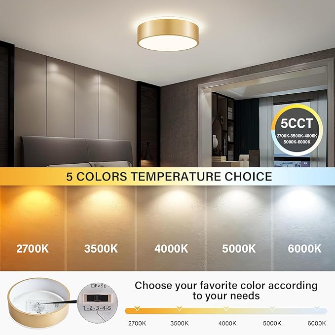 Dimmable Gold LED Ceiling Light, 2700K-6000K 5CCT in One Modern Flush Mount Ceiling Light Fixtures, Minimalist Round Metal Ceiling Lamp for Bedroom Kitchen Hallway Laundry Room-11.8in