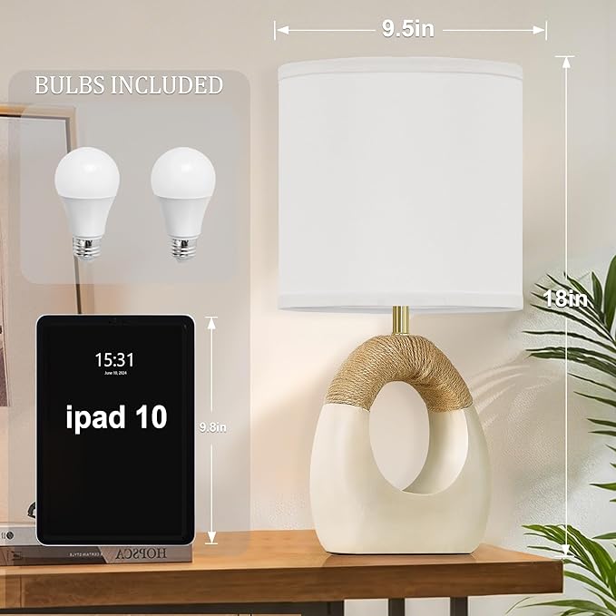 Table Lamp for Bedroom Set of 2 - Bedside Table Lamps with 3 Color Temperatures - Boho Rattan Lamps for NightStands Small White Farmhouse Living Room Lamps for Reading Sleeping Bulbs Included